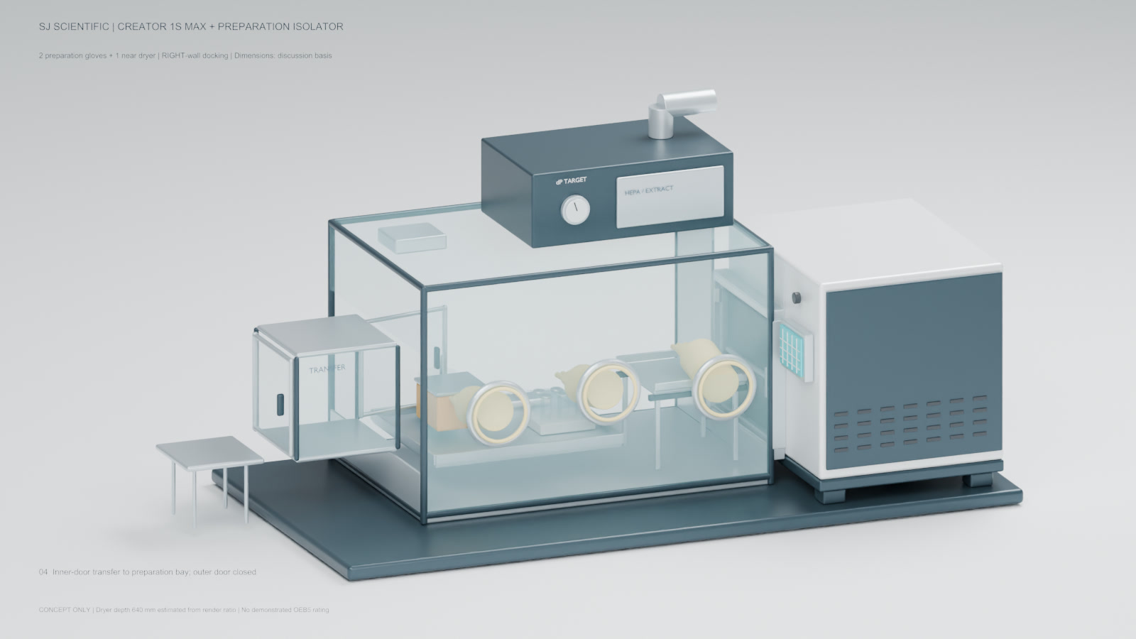 Two-door material transfer hatch concept at the end of a pharmaceutical preparation isolator